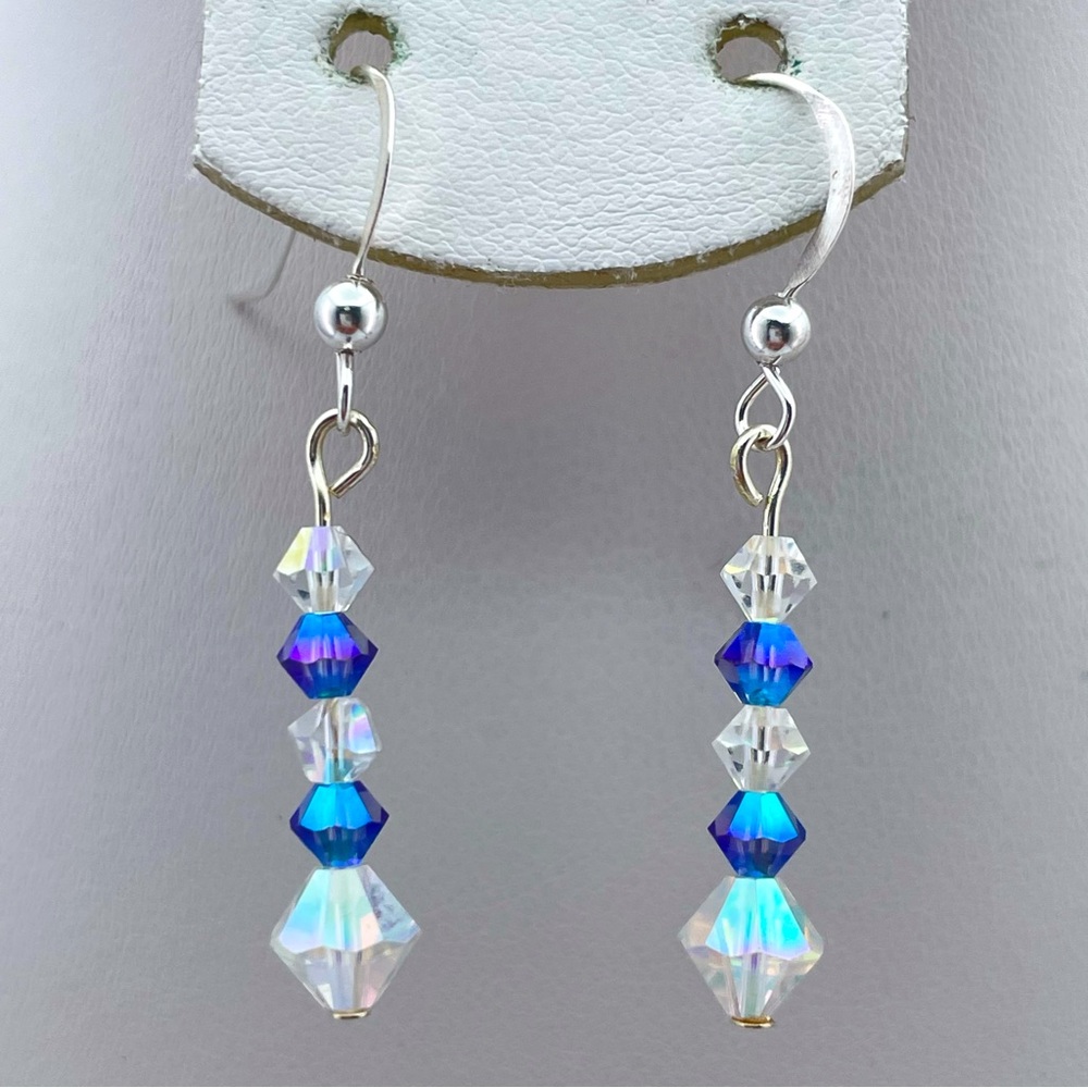 Sterling Silver Swarovski Crystal AB & Sapphire Dainty Dangle Earrings